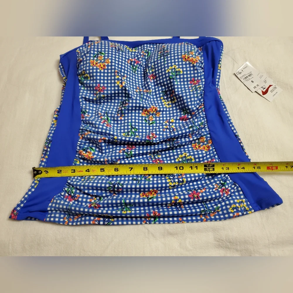 New Lands' End Botanical Check Floral Print Swim Tankini Top Size 6 Classic Boho